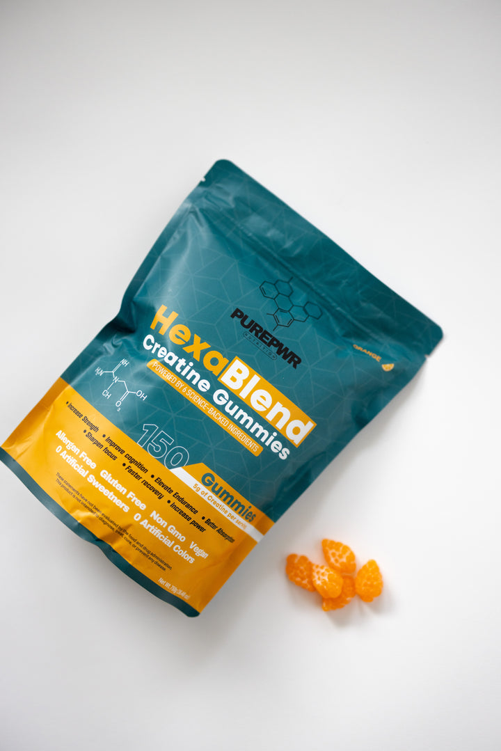 HexaBlend Creatine Gummies packaging with gummies on a white background